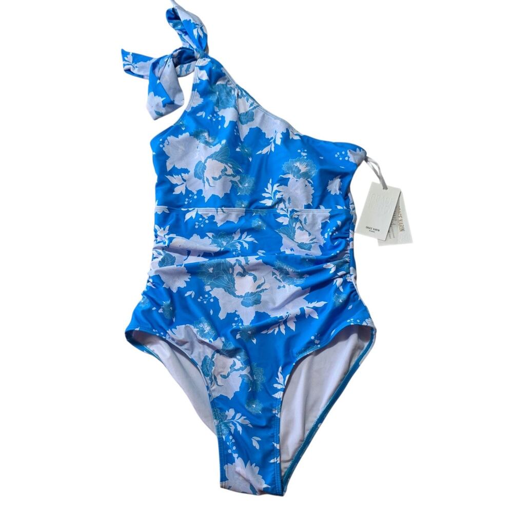 Grace Karin Women's M Blue Floral One Piece Swimsuit Halter Ruched NWT